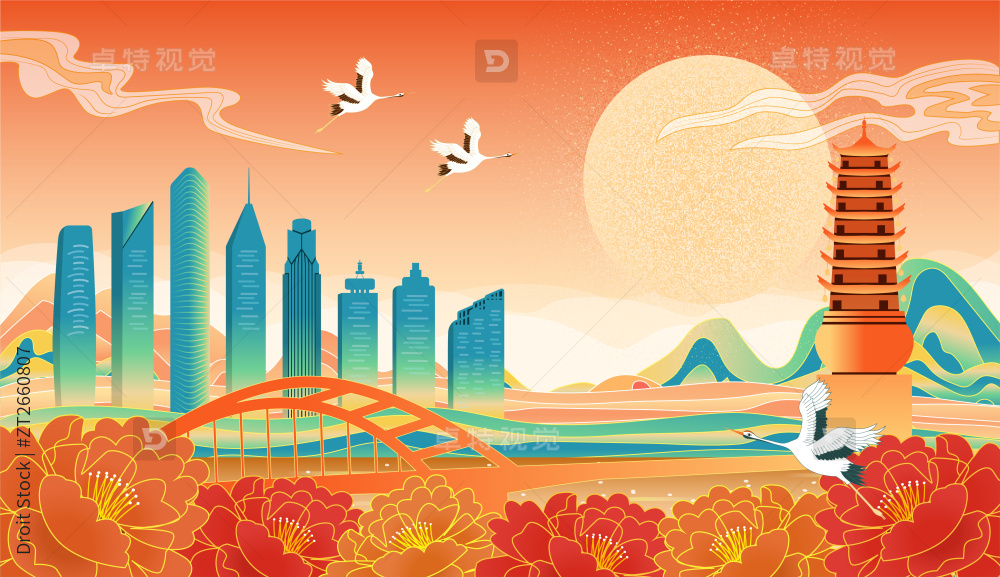 国潮喜庆节日中秋节国庆节元旦春节城市插画图片