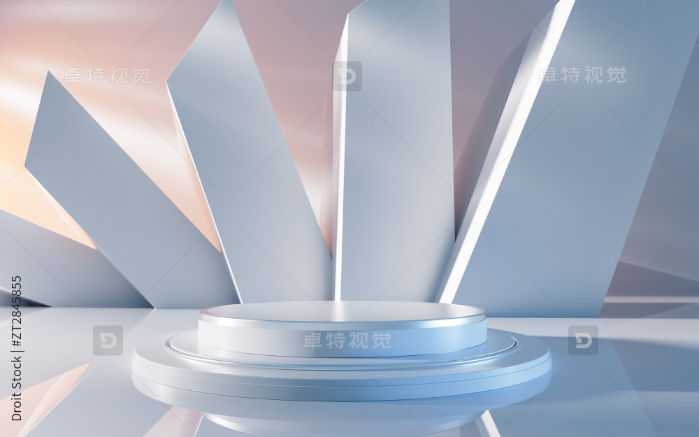 创意白色几何体建筑与展示台三维渲染图片