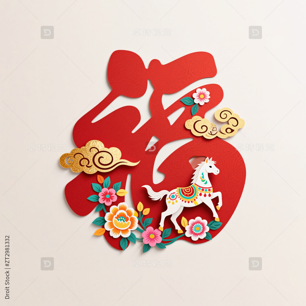 剪纸风马上有福马年插画图片