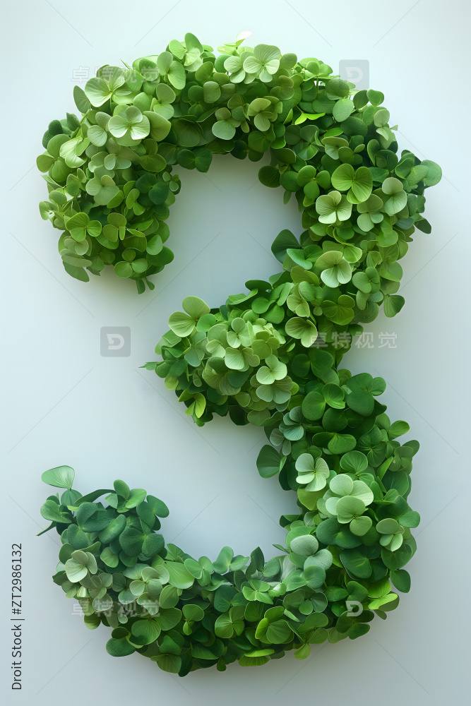 用绿叶制成的数字3的特写图片