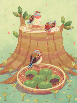 春天雨天青团和小鸟