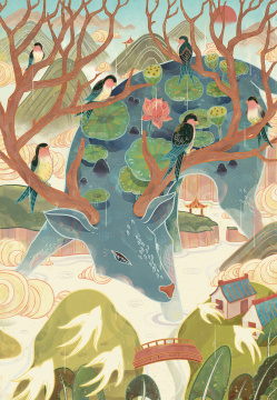 春天里的麋鹿和燕子