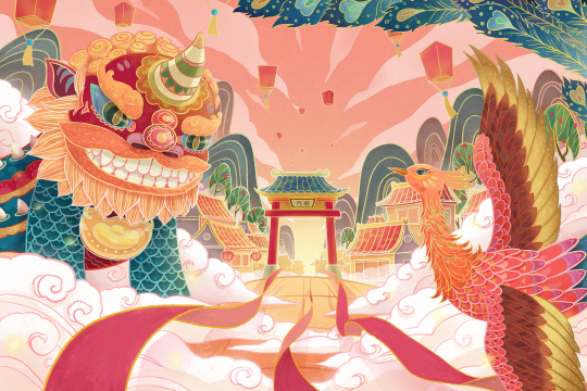 年兽和吉祥鸟祝贺新年