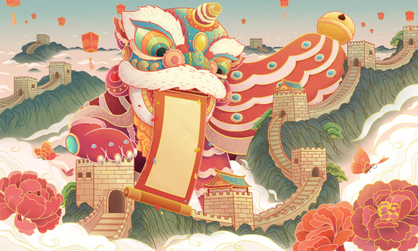 在长城边上舞狮中国风插画