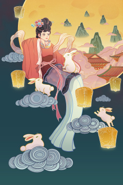 中国风嫦娥和兔子坐在月亮上中秋节插画