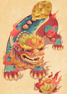 国潮中国风神兽狮子追绣球