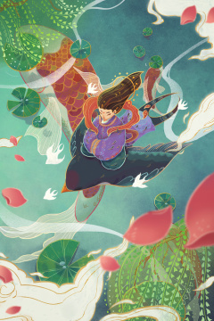 春天仙子骑着燕子飞翔在池塘之上