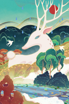 国潮中国风春天森林里的仙鹿插画