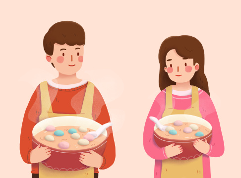 元宵节捧着汤圆的男女