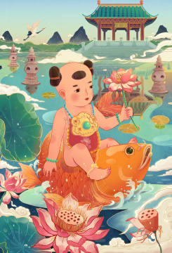 新春新年中国风年画福娃和锦鲤