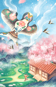 春天樱花树山下放风筝的女孩