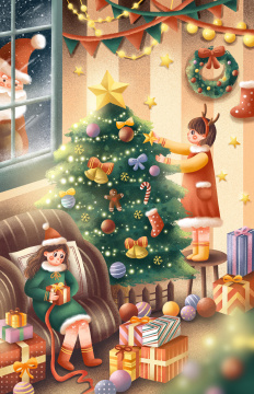 装饰圣诞树的女孩们