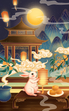 中秋节在山下赏月玩花灯的玉兔