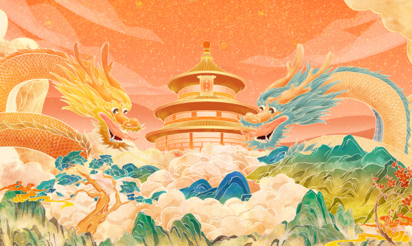 两条龙围绕着祈年殿国潮山水重彩插画