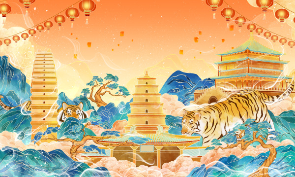 国潮新年西安城市插画