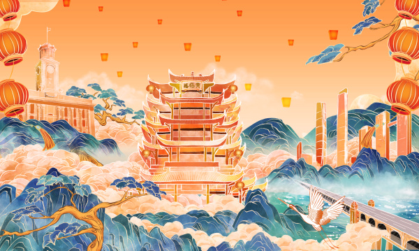 国潮新年湖北武汉城市插画