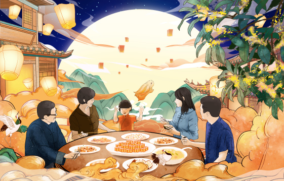 中秋节月圆人团圆国潮风插画