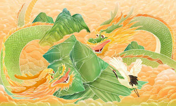 在祥云里两条龙围着粽子的水彩国潮插画