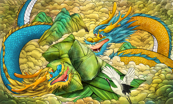 在祥云里两条龙围着粽子的水彩国潮插画