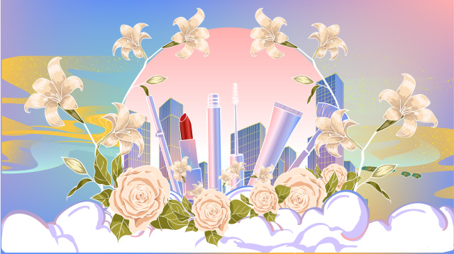 唯美城市美妆工具矢量插画