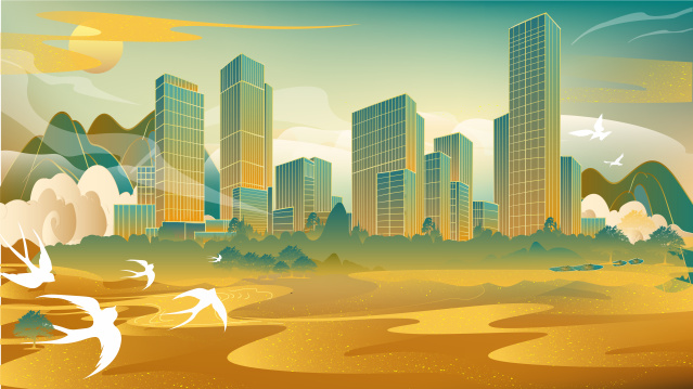 城市春天国潮风矢量插画