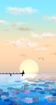 落日下一湖莲花旁情侣在约会