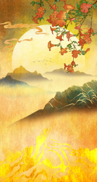 国潮风凌霄花山水黄色背景