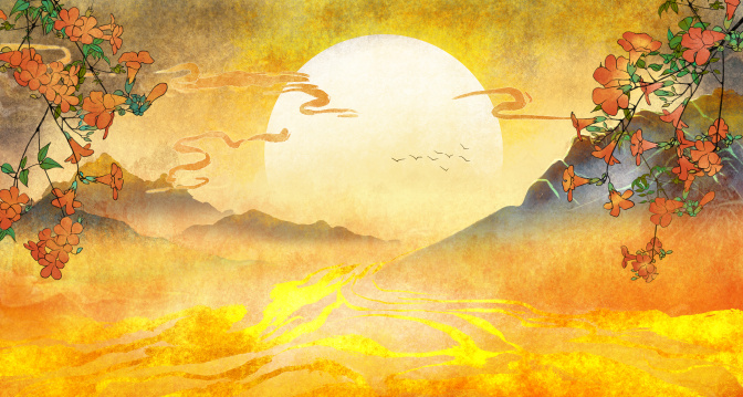 国潮风凌霄花山水黄色背景