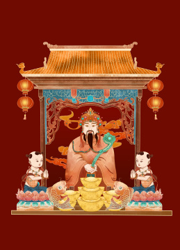 新年迎财神吉祥国潮水彩质感插画