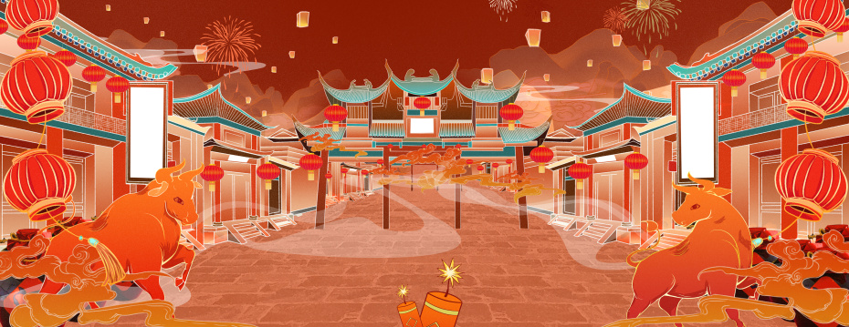 一条街上的两排房子挂满了灯笼过新年