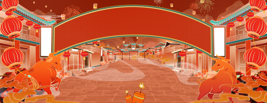 一条街上的两排房子挂满了灯笼过新年