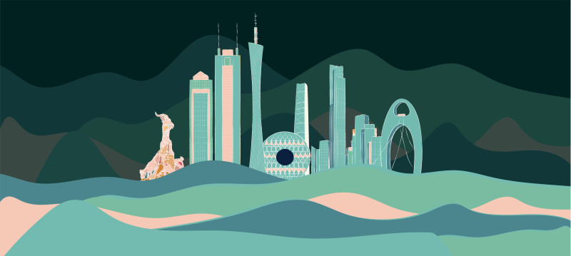 广州地标建筑群扁平粉绿相间插画