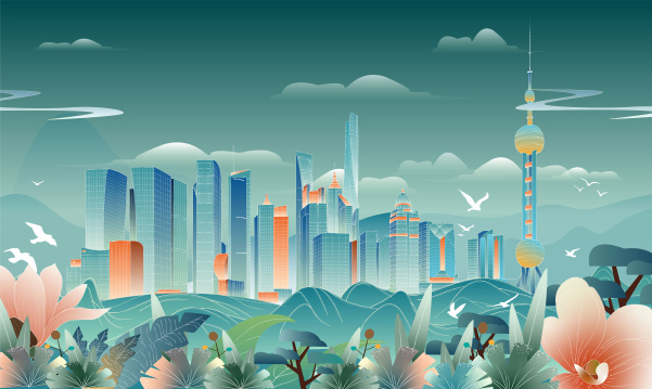 上海陆家嘴建筑群手绘扁平渐变噪点插画