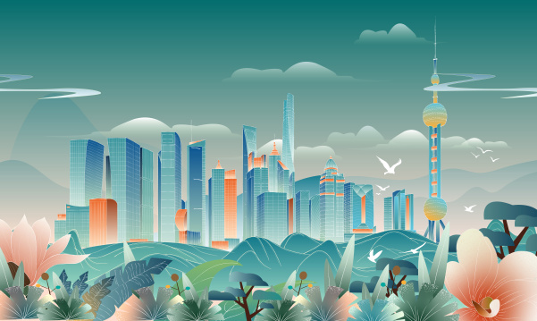 上海陆家嘴建筑群手绘扁平渐变噪点插画