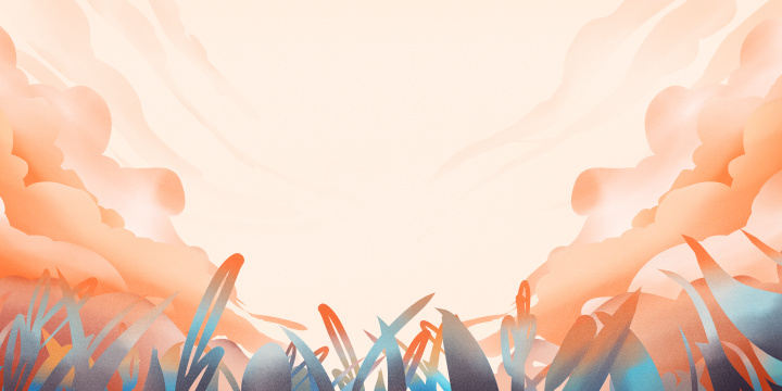 植物叶子做前景的国风水彩祥云背景