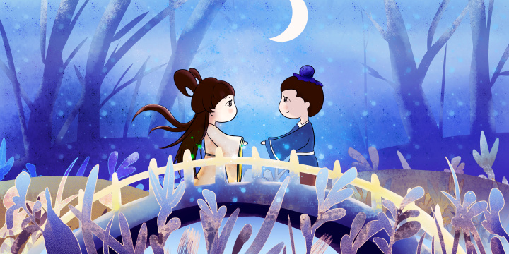 唯美的背景下牛郎织女在鹊桥相会