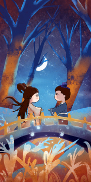 唯美的背景下牛郎织女在鹊桥相会