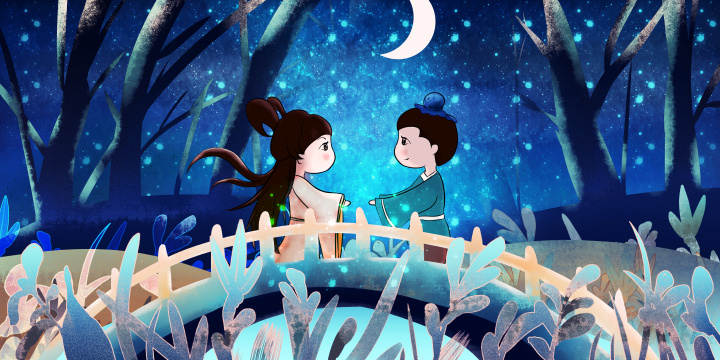 唯美的背景下牛郎织女在鹊桥相会