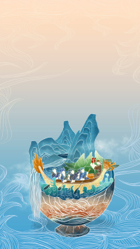 一只碗里装着龙舟、粽子和山水