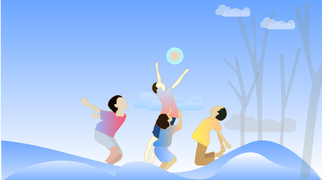 跳跃的四个儿童在抢球