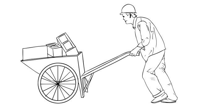  一名工人用手推车推砖线条画