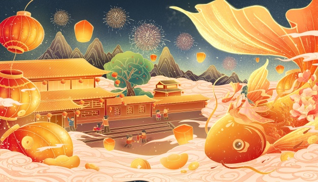 新年国风锦鲤送福插画