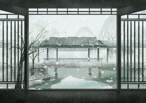 冬季中国风意境园林插画