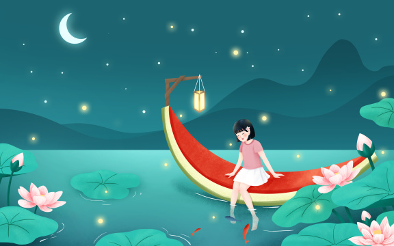 夏季夜晚女孩在荷花池