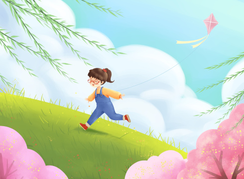 春天女孩在草地上奔跑