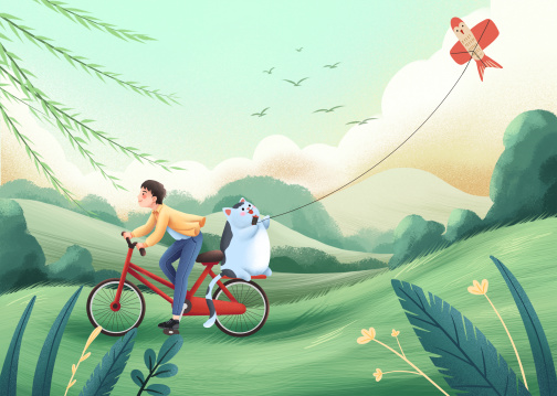 节气春分骑车放风筝