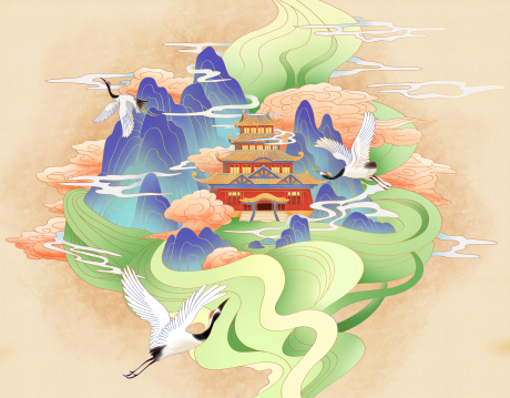 国潮仙鹤灵山仙居图