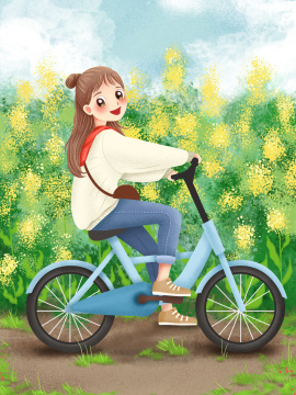 在油菜花田骑自行车的少女