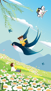 女孩在燕子背上放风筝