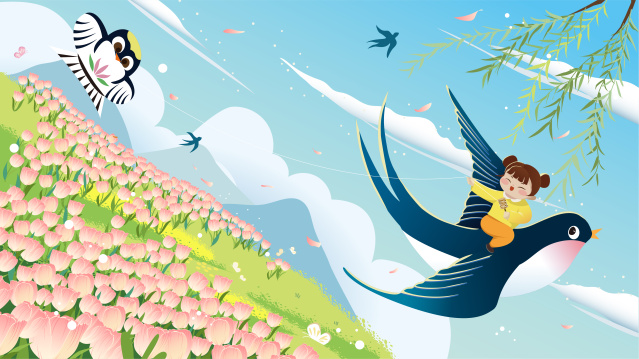 女孩在燕子背上放风筝